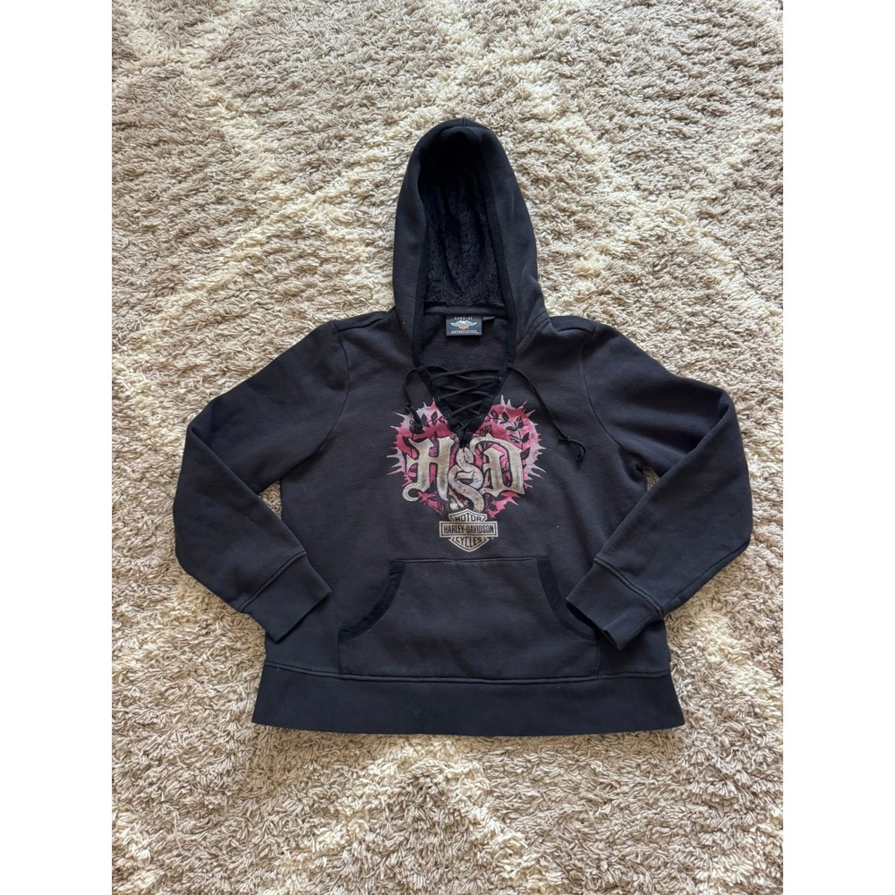 Harley-Davidson Womens XL Y2K Black Lace Up Hoodie Lace Hood